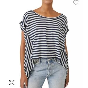 FREE PEOPLE  Striped Angel Tee Navy Blue White Small NWOT